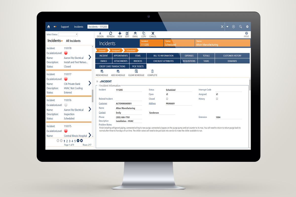 Helpdesk support and service desk showing work order/call (incident) management tools