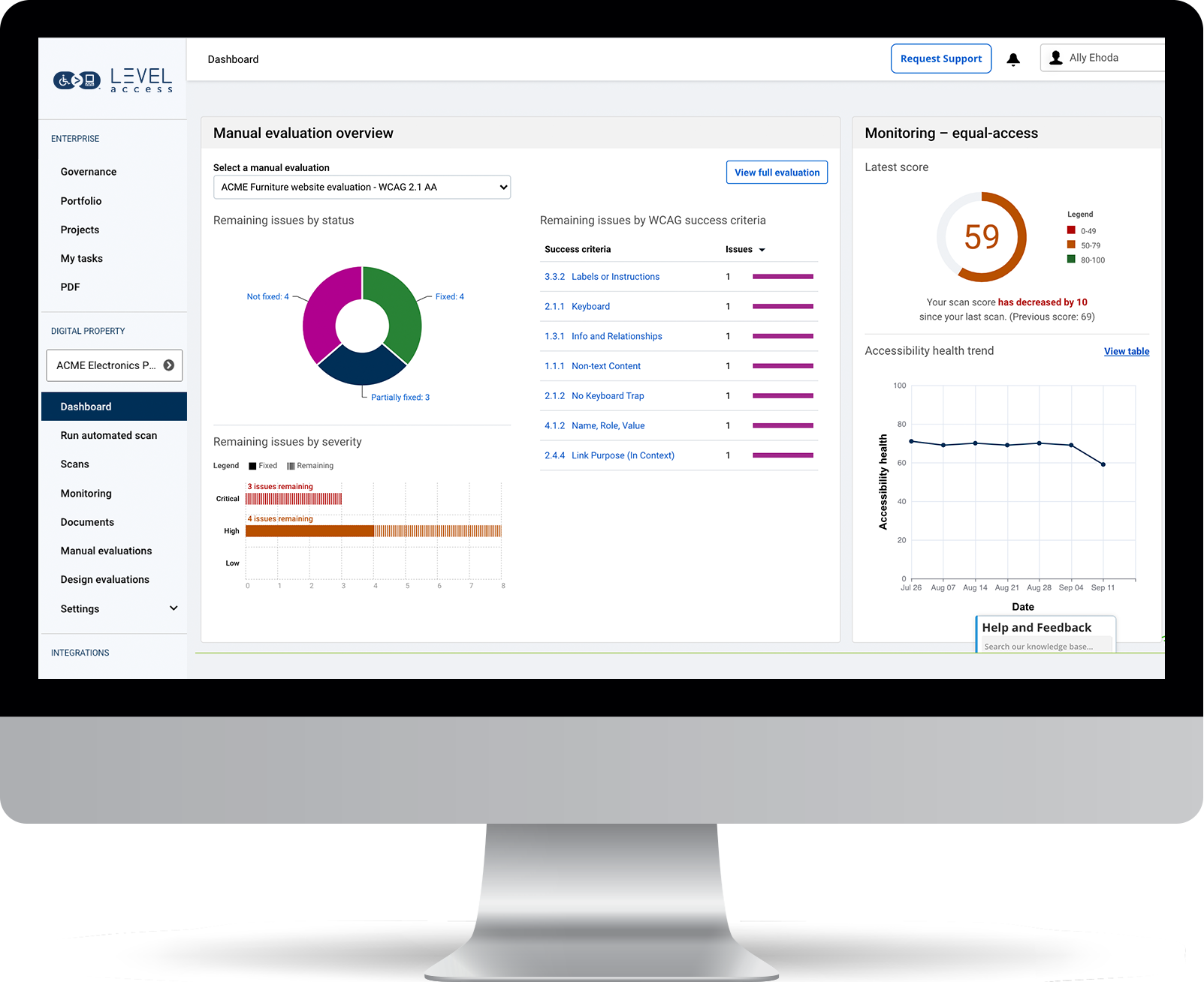 Level Access Platform screenshot: The Level Access Platform is your central source for tooling, scanning, monitoring, and reporting. And it’s integrated with familiar systems like Jira and Azure DevOps, flowing smoothly into existing workflows.