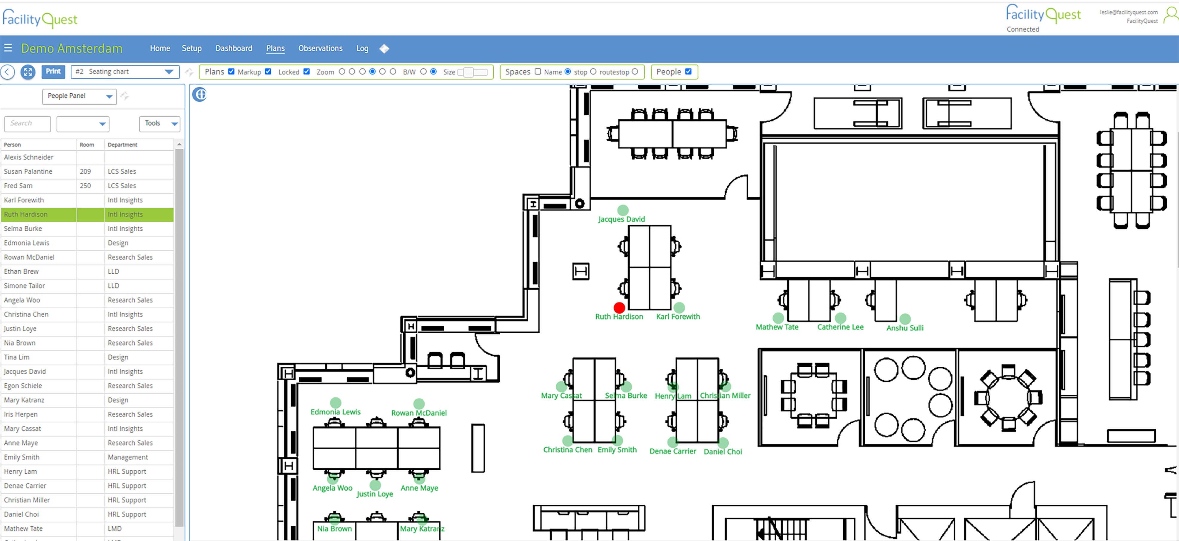 Manage and find people on floor plans, assigning them to spaces and assigning assets to them.