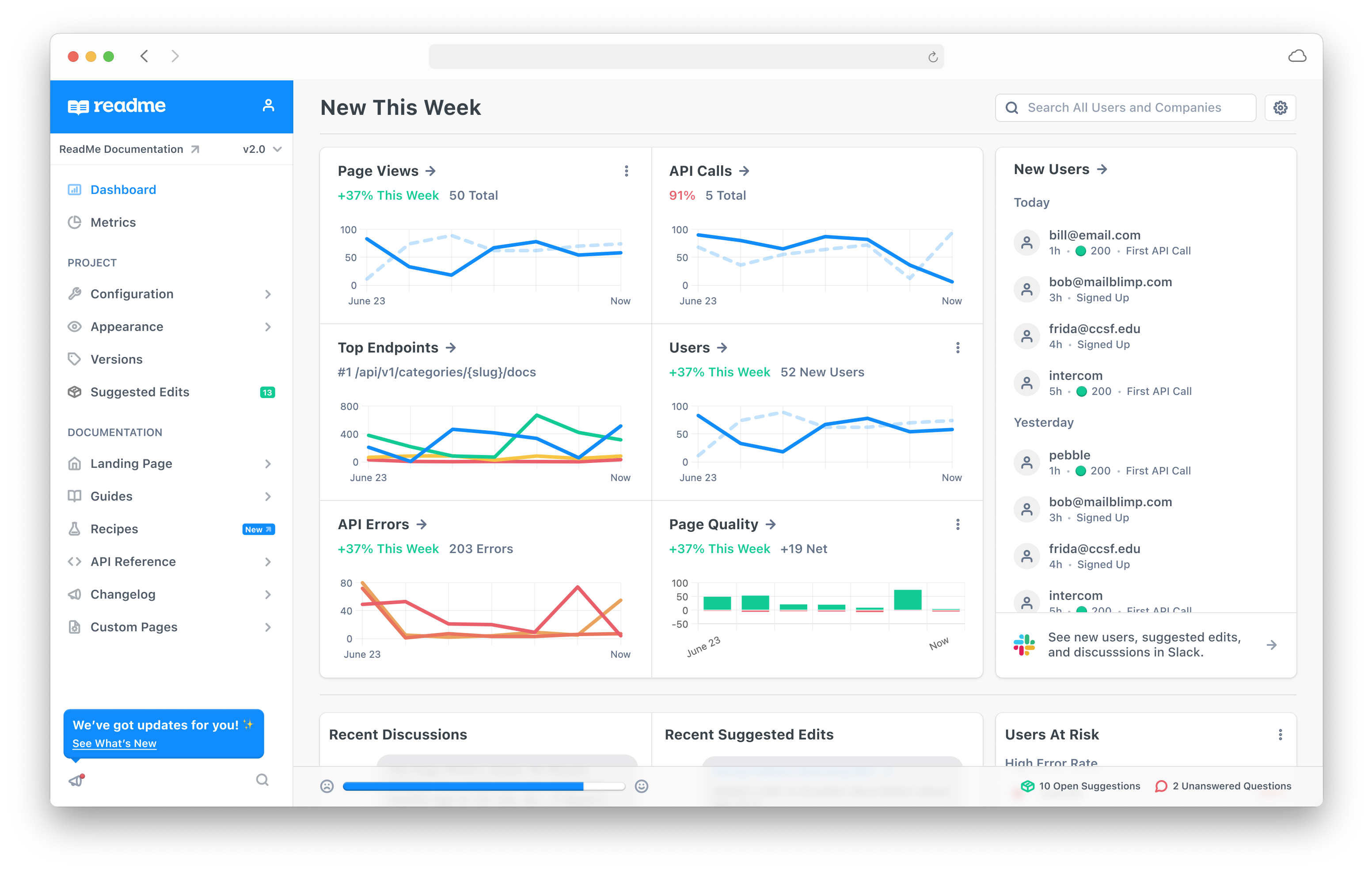 Metrics on Documentation & API Usage: Get insights like page views, top searched topics, and most-used endpoints to better understand your users and drive API adoption.