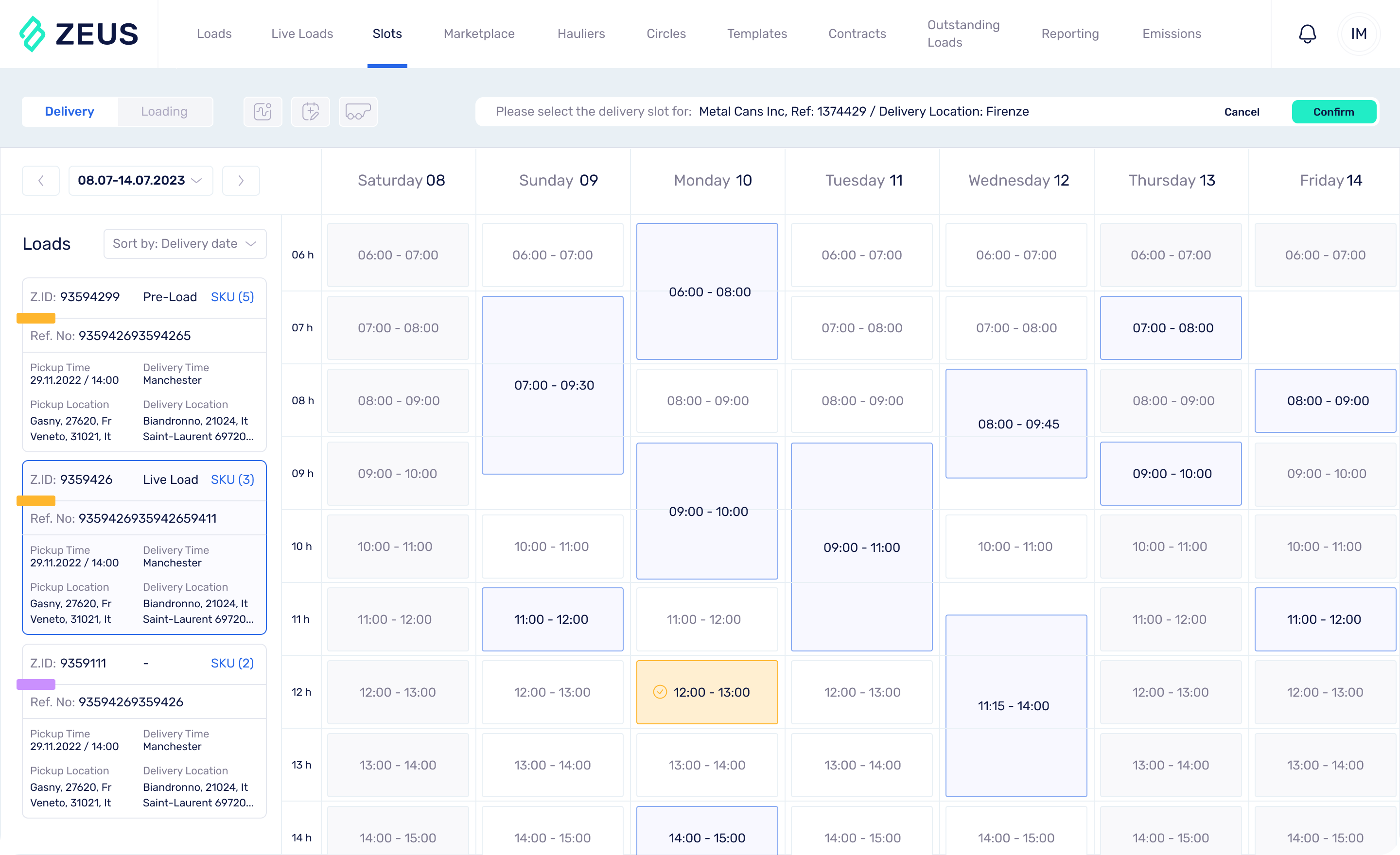 Zeus screenshot:  Improved slot and ETA control lowers in-transit stock buffers by 6-9%, cutting inventory costs while maintaining service levels.

