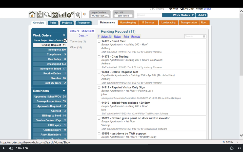 Check pending maintenance requests from the central dashboard
