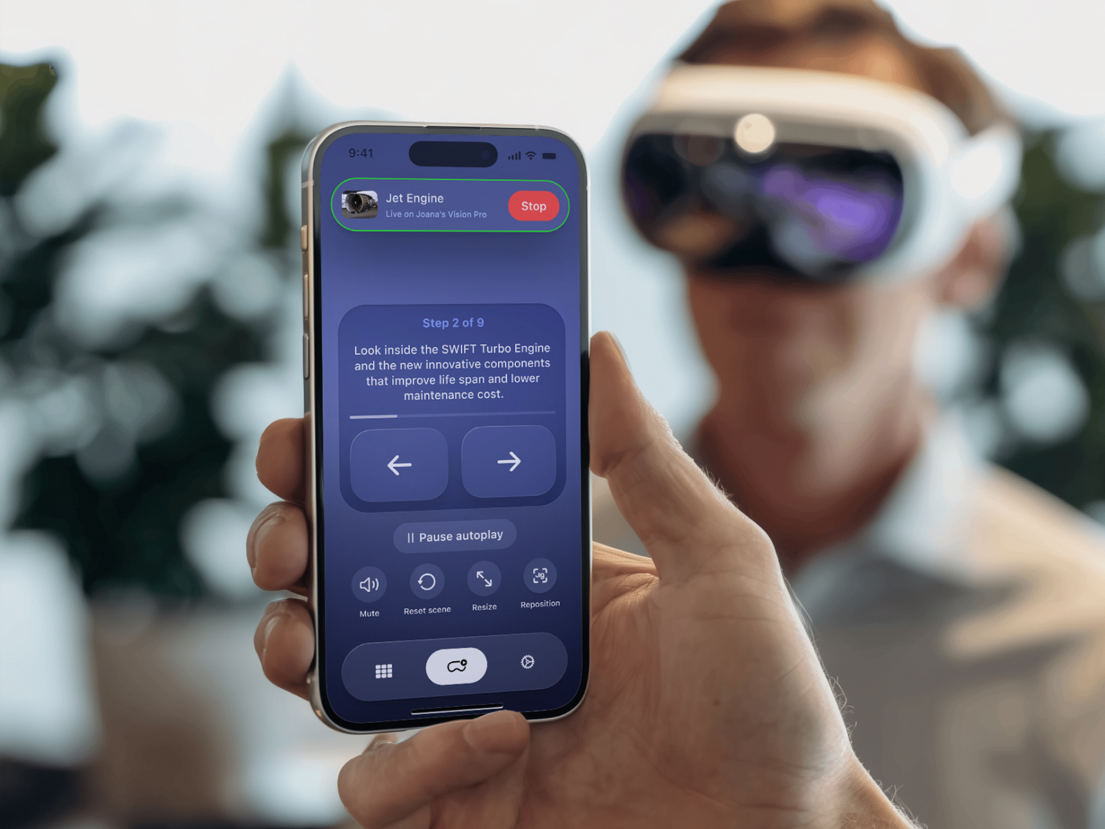 JigSpace screenshot: JigSpace remote control app navigating an Apple Vision Pro user through a spatial presentation.