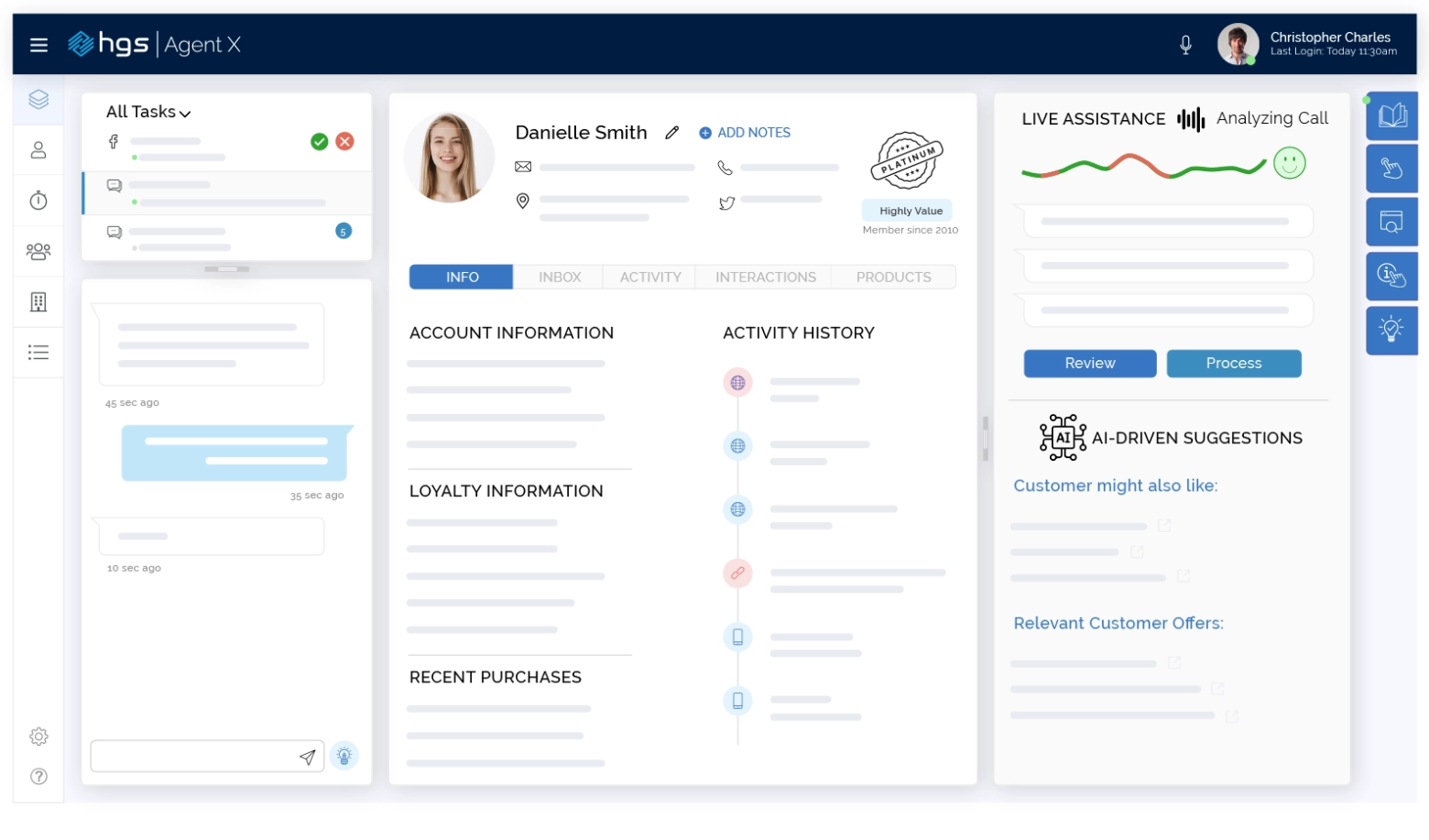 HGS Agent X screenshot: Increase agent productivity. Improve response time and reduce multiple screens with a single, unified tool. Increase efficiencies by automating mundane agent tasks. Reduce agent task and talk time.