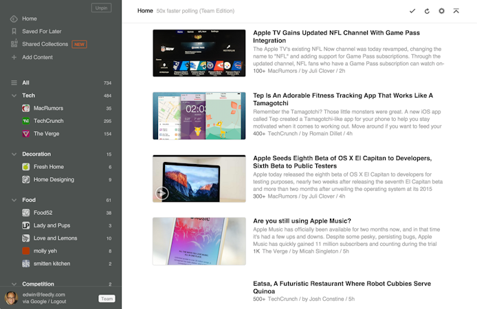 Feedly screenshot: Feedly is a news and web content aggregator application with cloud-based and native desktop or mobile platform access