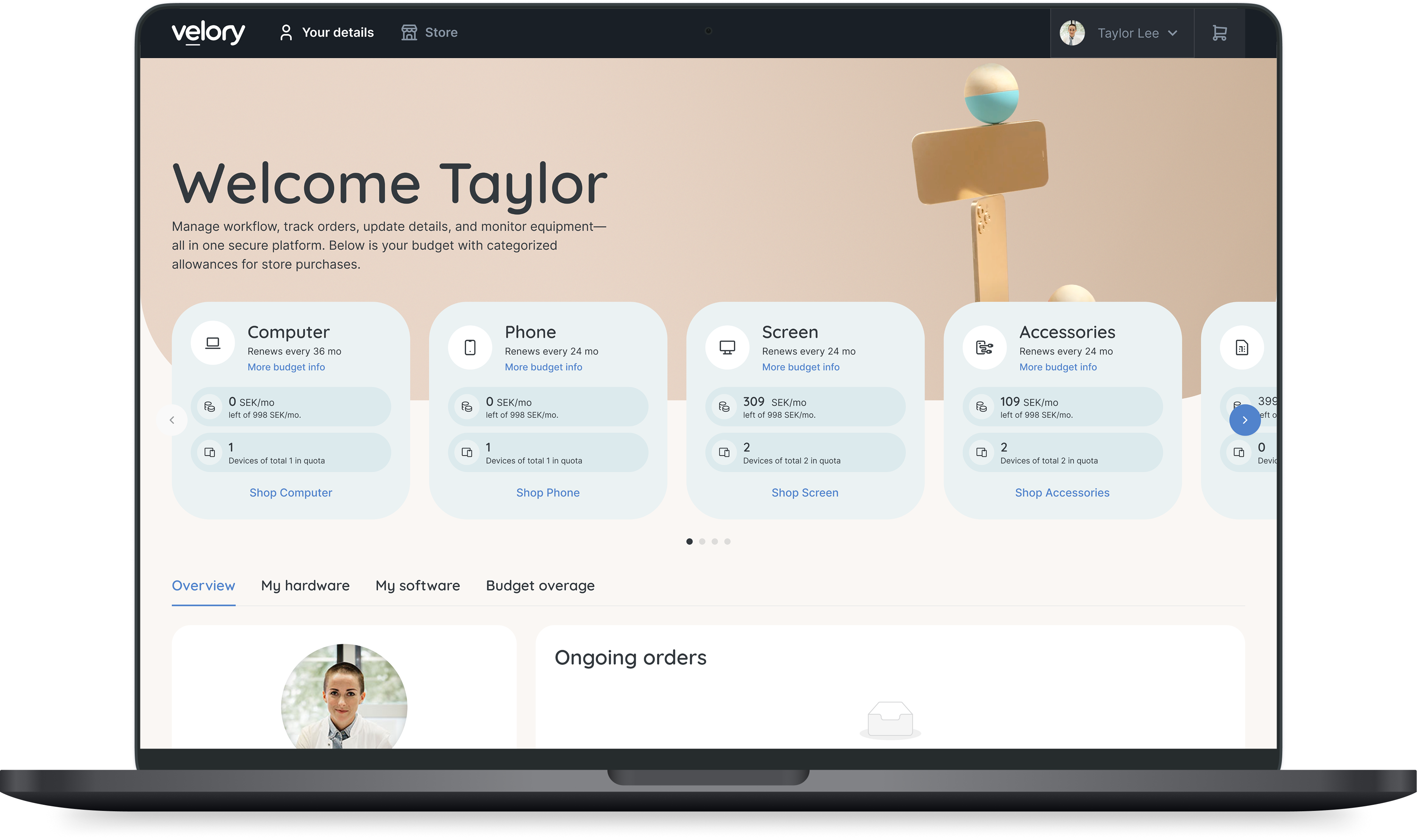 Velory screenshot: • Employees can select their devices and software before their first day.
• Login easily and safely through SSO (Velory synchs in a seamless way with most cloud services)
• Allocate units to employees or a physical space, for example a conference rooms