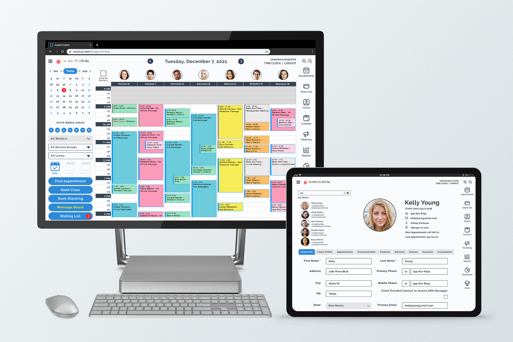 Keep your book and clients organized in one place. With a color-coded calendar, one-click appointments, drag-and-drop rescheduling, and more, your book has never looked better. Store notes, history, contact info, and more with Inspire's client cards.