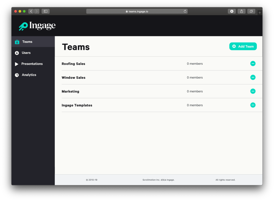Ingage Software - Teams allows you to organize presentations by department or location, ensuring your team only has access to the presentations they really need.