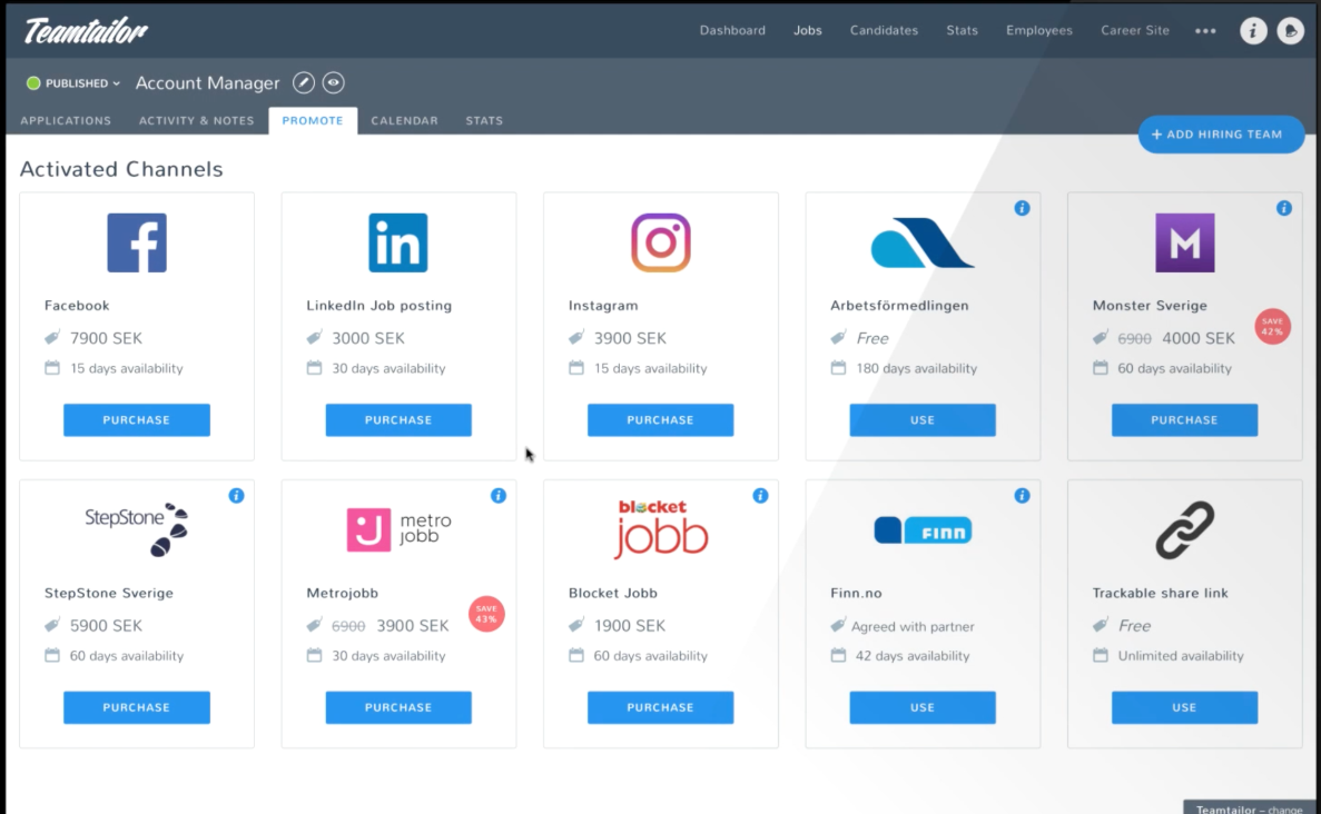 Teamtailor activated channels