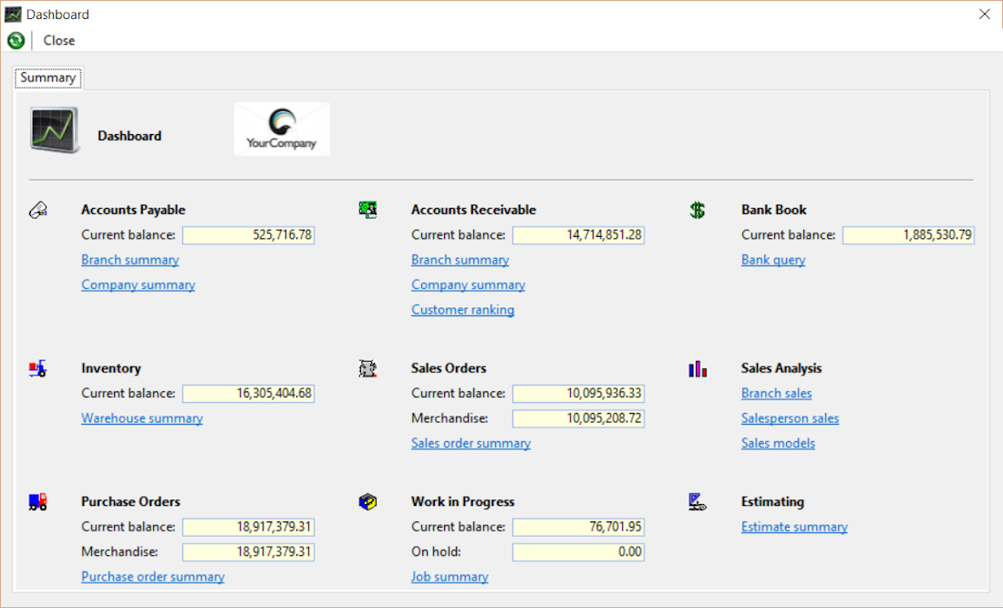 Aquilon ERP Software - The application offers a dashboard that provides a snapshot of multiple operations