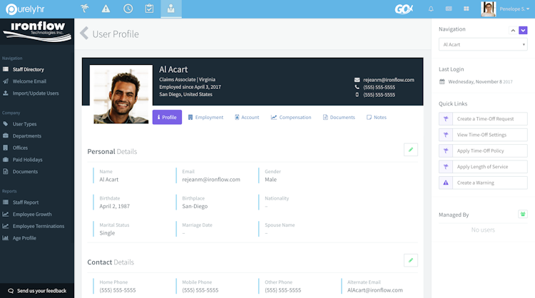PurelyHR screenshot: Employee profile with self-serve option to ensure information is always up-to-date and accessible