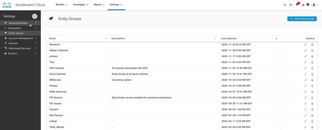 Cisco Secure Cloud Analytics screenshot: Cisco Secure Cloud Analytics entity groups