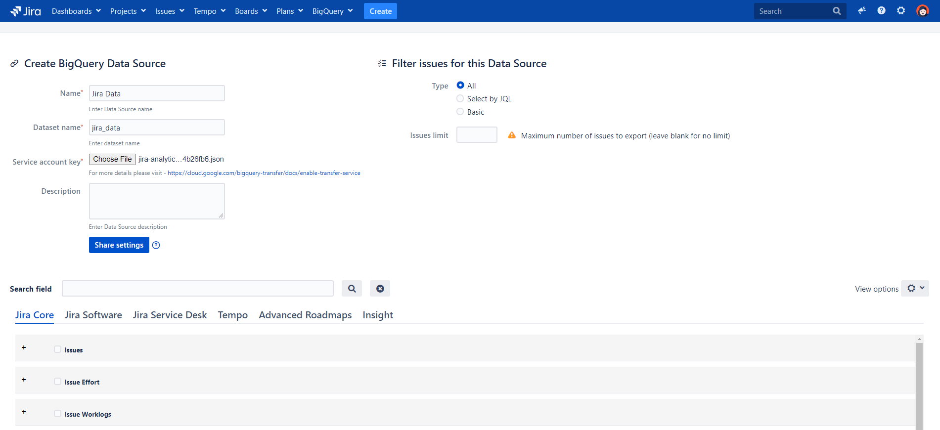 Data Source Settings in BigQuery Connector for Jira