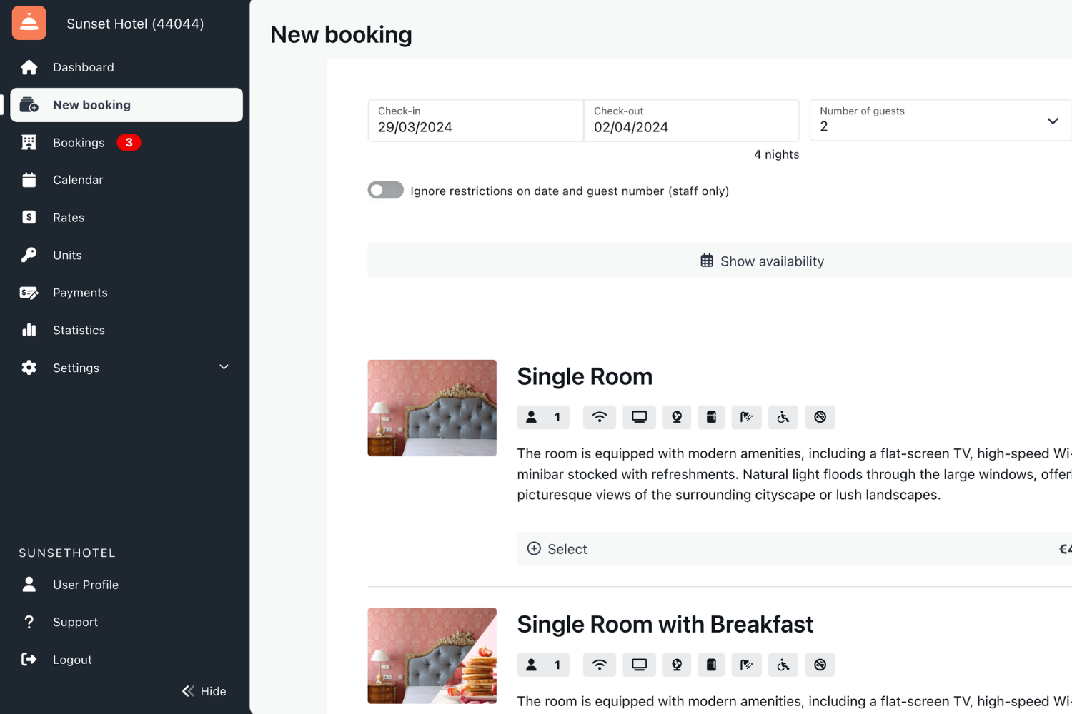 The Bookings page offers easy access to current, upcoming, past, and cancelled bookings, along with any set alerts. Use filters to quickly find specific bookings by number, guest name, room, or dates.