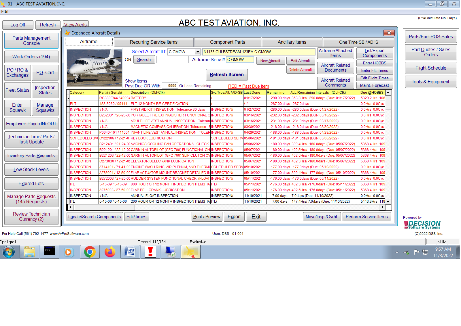 Aircraft Component / Inspection Management Screen