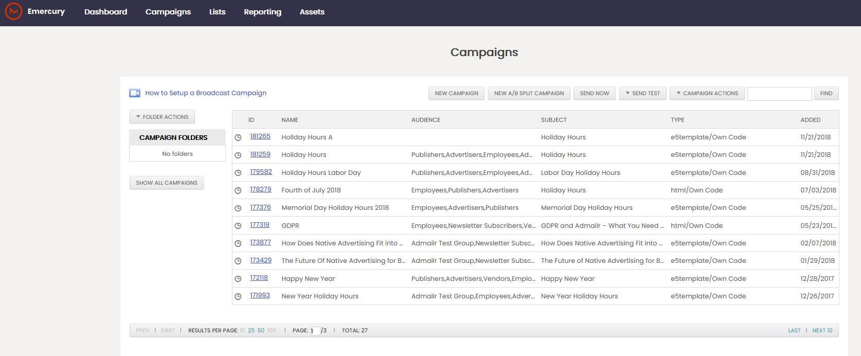 Emercury screenshot: Broadcast Campaigns