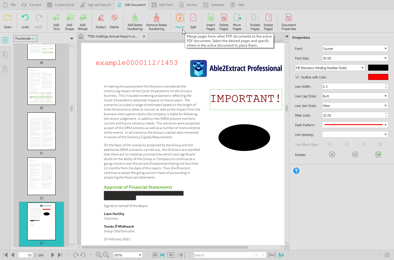 PDF editing features in Able2Extract Pro allows you to edit, delete, and add text, vector shapes, bitmap images, and Bates numbering; redact text, merge and split PDFs; insert, delete, move, rotate, and resize PDF pages.