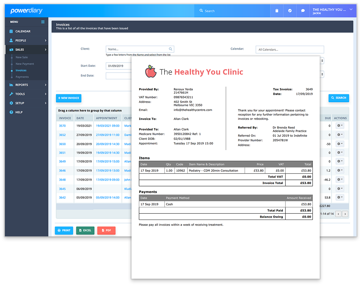 Power Diary invoices