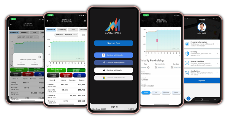 Moolamore screenshot: Mobile Cash flow forecasting Interface for iOS & Android