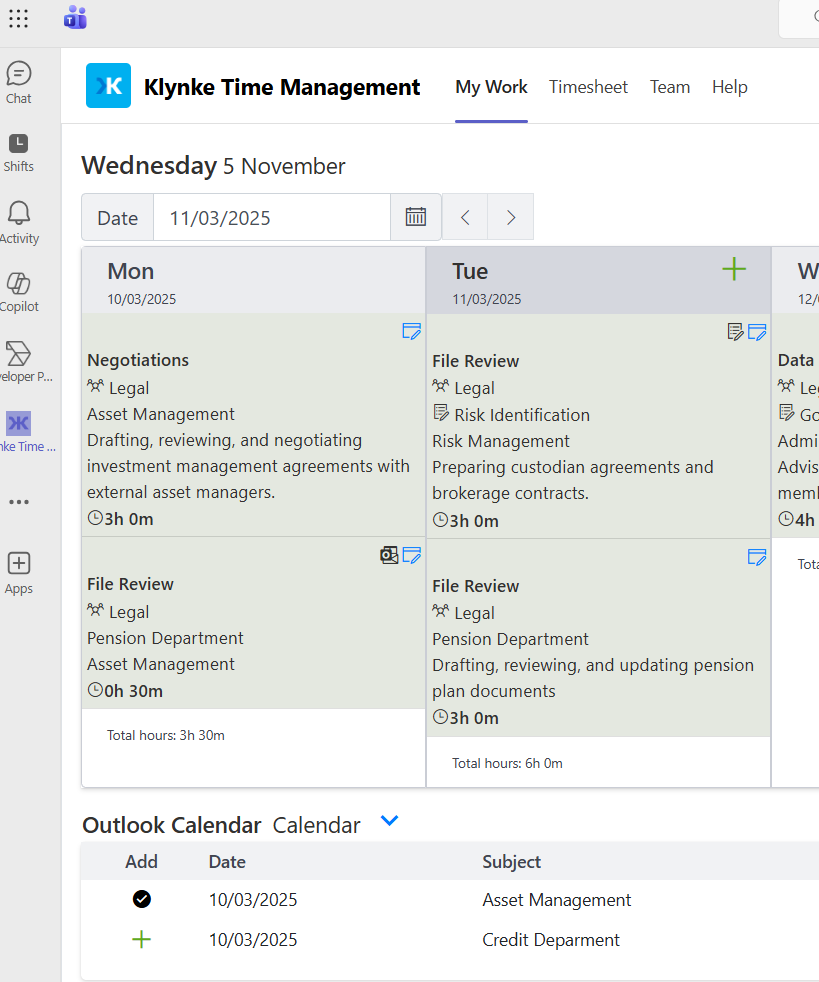 Klynke screenshot: Klynke My Work calendar