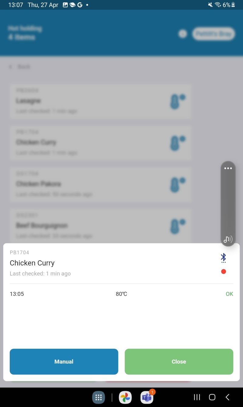 Food Guard Software - Food Display - Hot and Cold Holding Check in - Monitor and check temperatures through out the day with ease. This can be done digitally with our Bluetooth Probes or manually. Perfect for Deli's, Butchers, Bakeries, Contract Catering and Restaurants