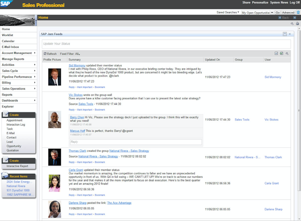 SAP SuccessFactors Work Zone screenshot: Sales Professionals Activity Feeds in SAP Jam