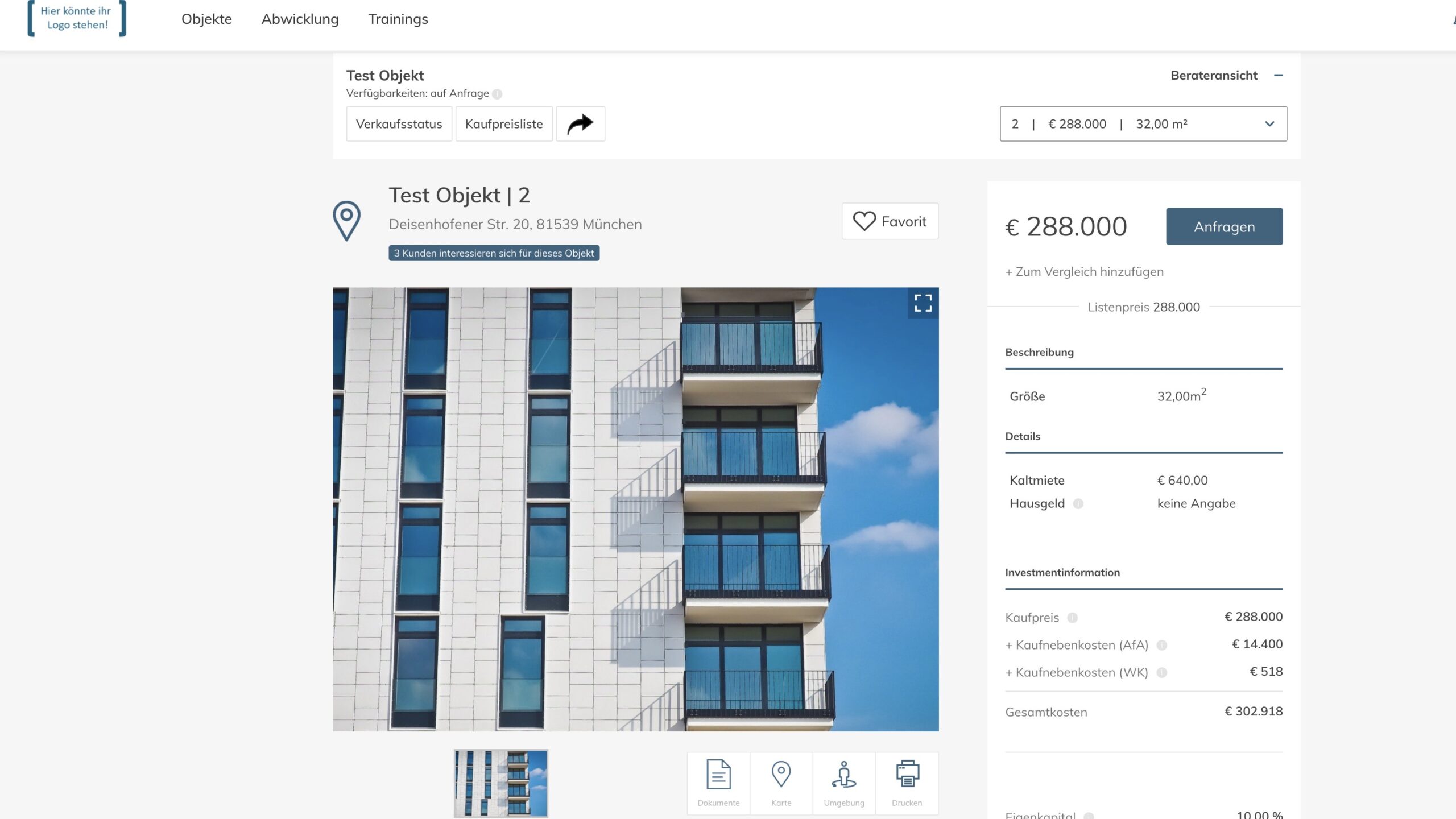 Investagon screenshot: Objektdarstellung