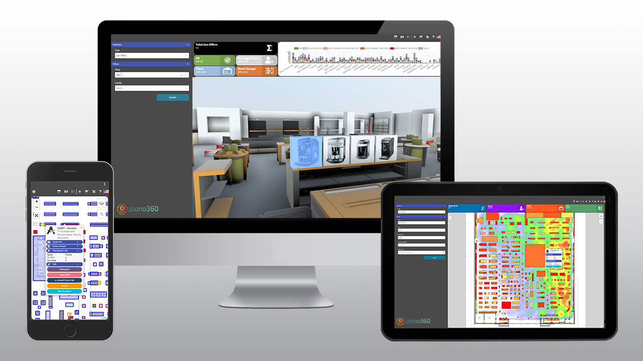 Plano360 screenshot: Single or multiple planograms per furniture, automatic planogram generation