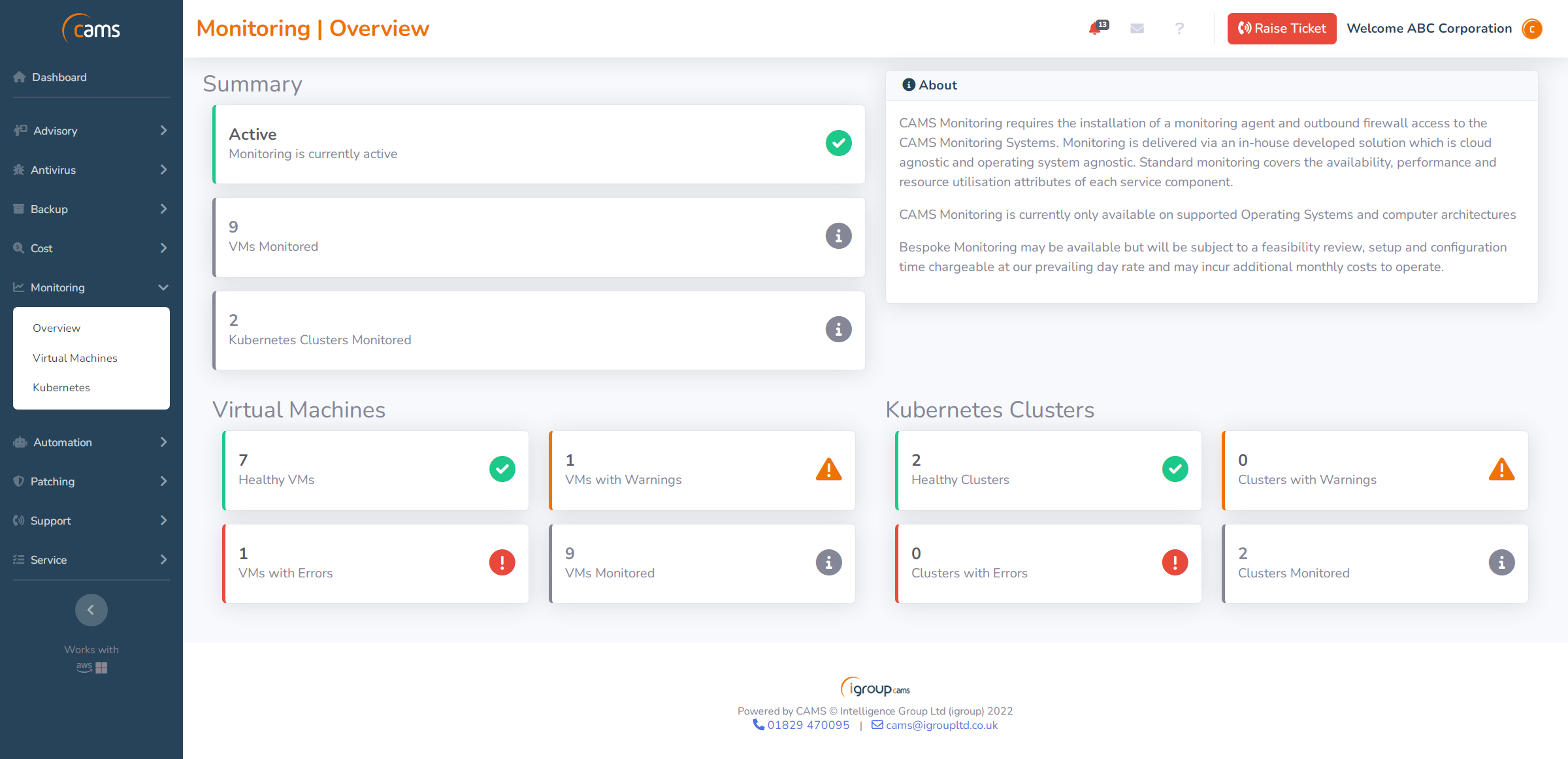 CAMS Software - Monitoring dashboard (Kubernetes / Virtual Machines etc...)