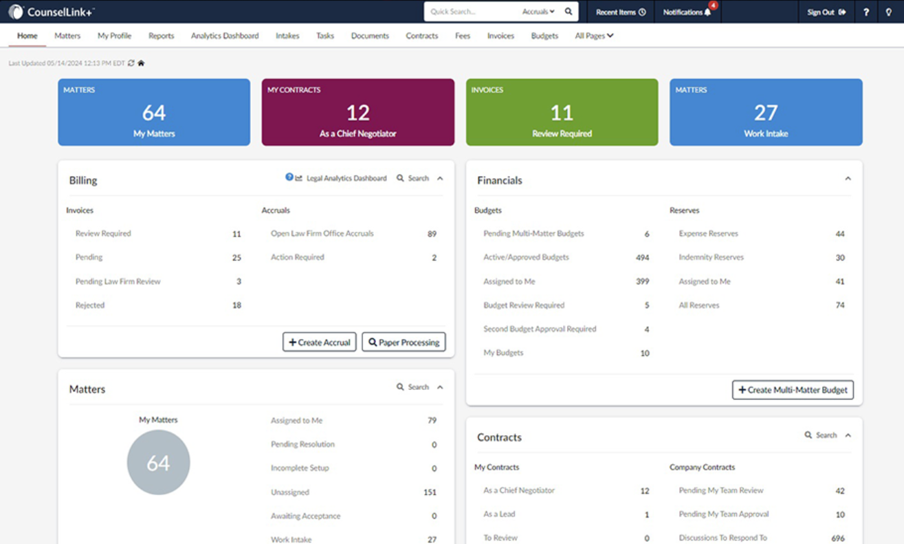 CounselLink+ screenshot: CounselLink+ dashboard