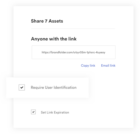 Brandfolder screenshot: Single assets or whole Brandfolders can be shared by simply sending a link, toggling whether access requires user identification and any expiration for the link