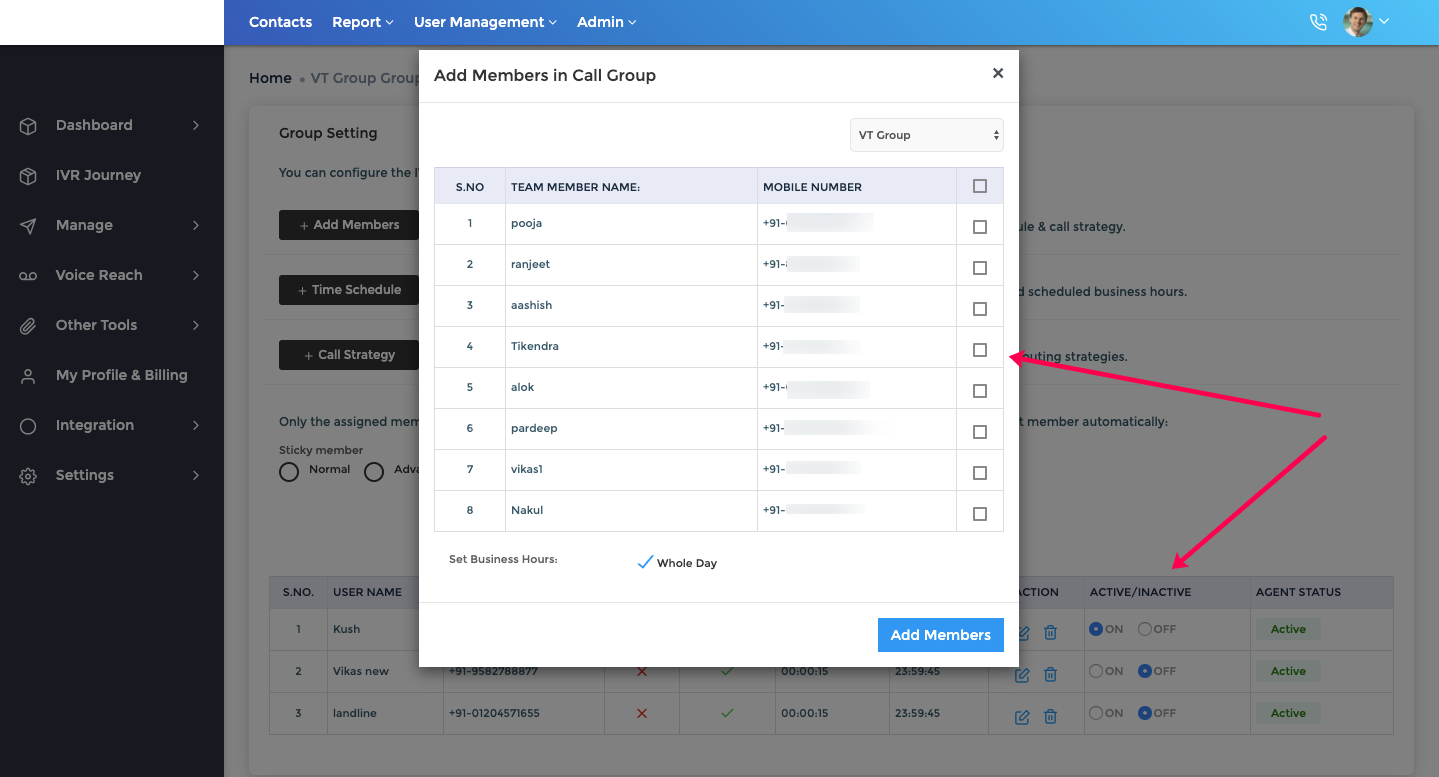 CallerDesk screenshot: CallerDesk add members in call group
