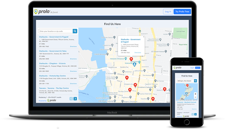 Prolo Store Locator screenshot: When you add our maps to your website they will look great no matter what device is being used!