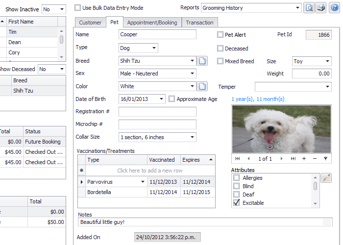 Pet records enable users to record each pet's vaccinations, temper, attributes, notes, and more