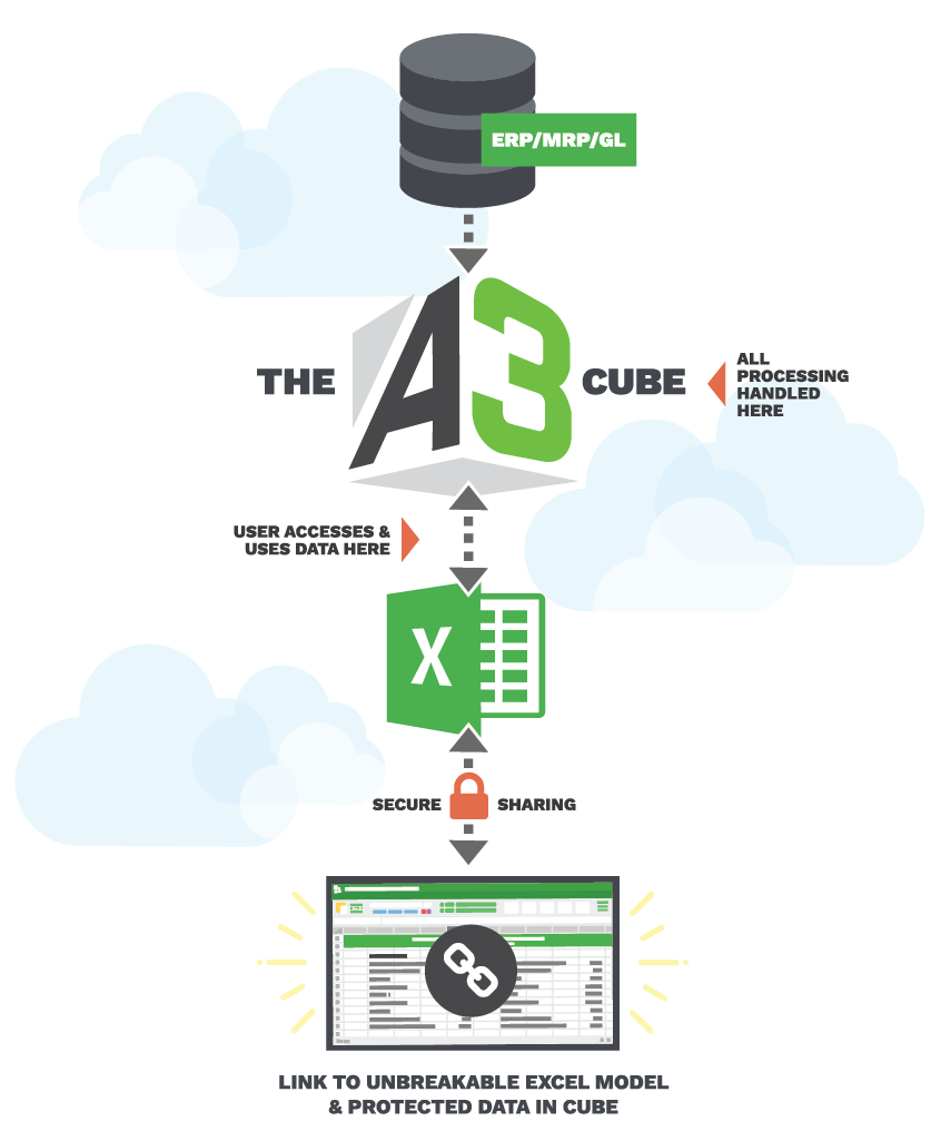 Enterprise Excel screenshot: A3 Enterprise Excel's cloud cube gives you the freshest data coming live off your ERP or general ledger.