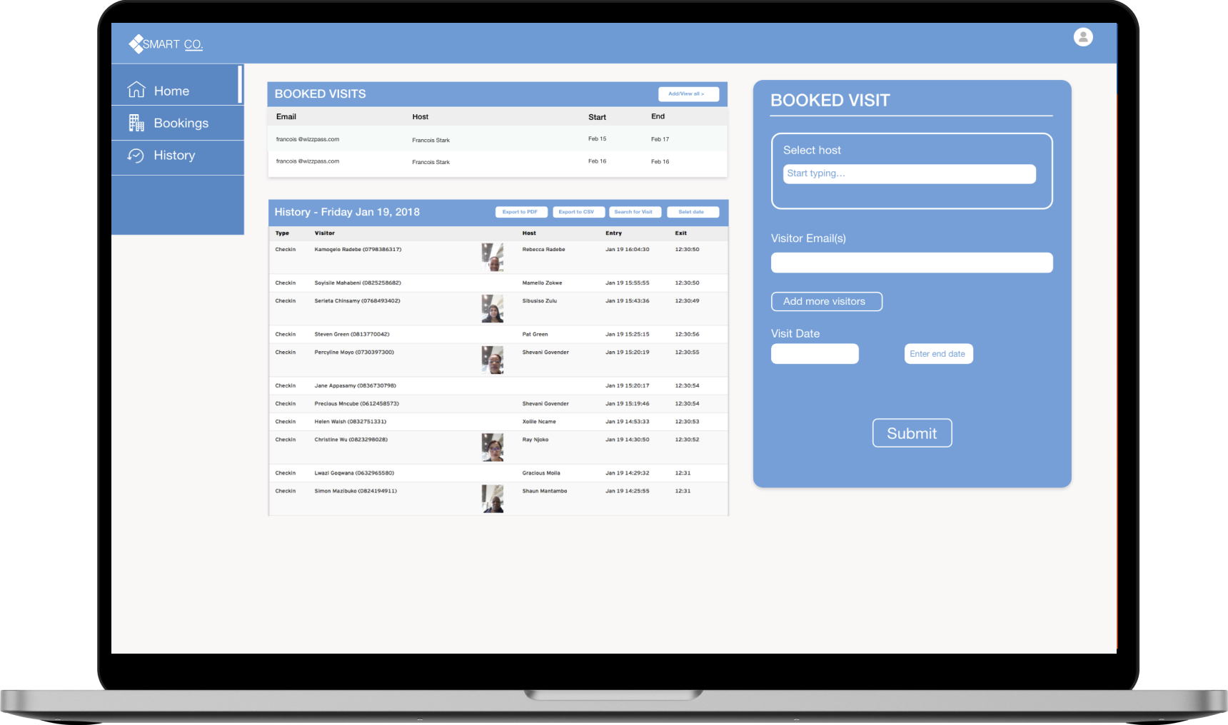 The real-time dashboard allows administrators to view a current list of all visitors checked into the building, view current parkers, view upcoming bookings and the location of each meeting, and view, search, filter, and download complete visitor reports.