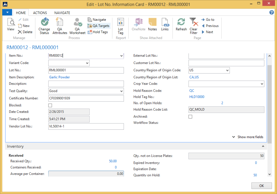 Aptean Food & Beverage ERP bcFood Edition Software - Information card of a product in inventory