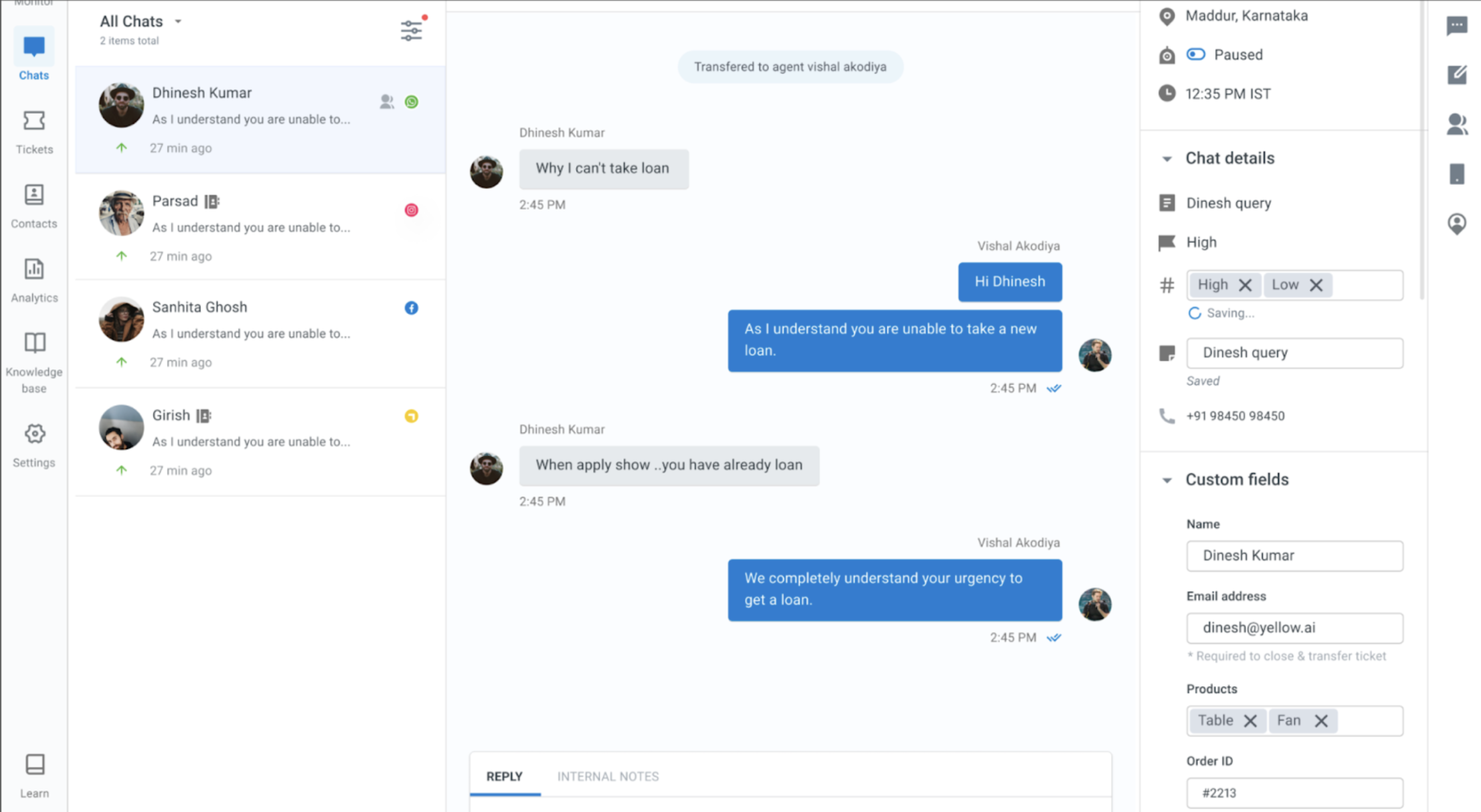 yellow.ai screenshot: Agent inbox