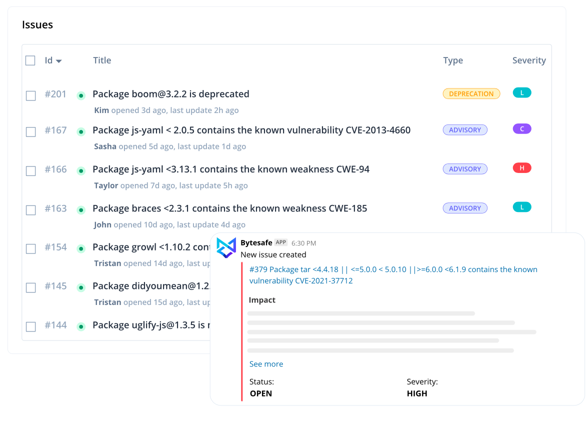 Issues are automatically created when problems are detected by the Dependency Firewall or Software Composition Analysis.  Track progress from creation to remediation - with optional integration to GitHub Issues.