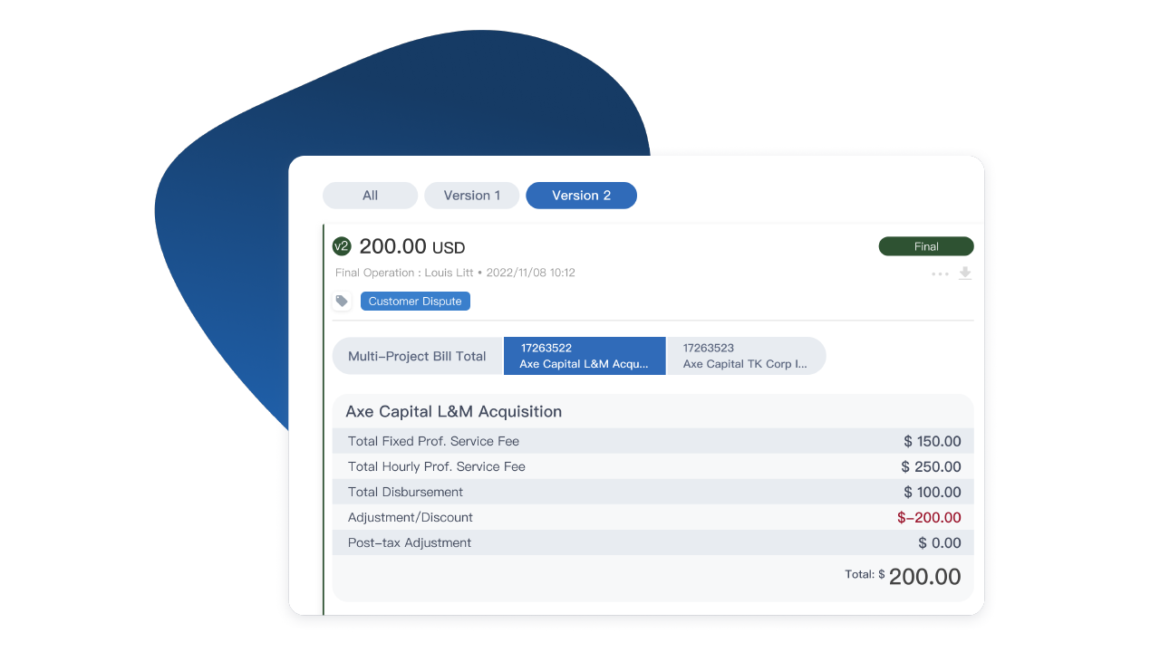 Financial information is critical. With visual presentations related to bills and payments, Matteroom enables management to track the financial status of each matter/project anytime, as well as key performance indicators.