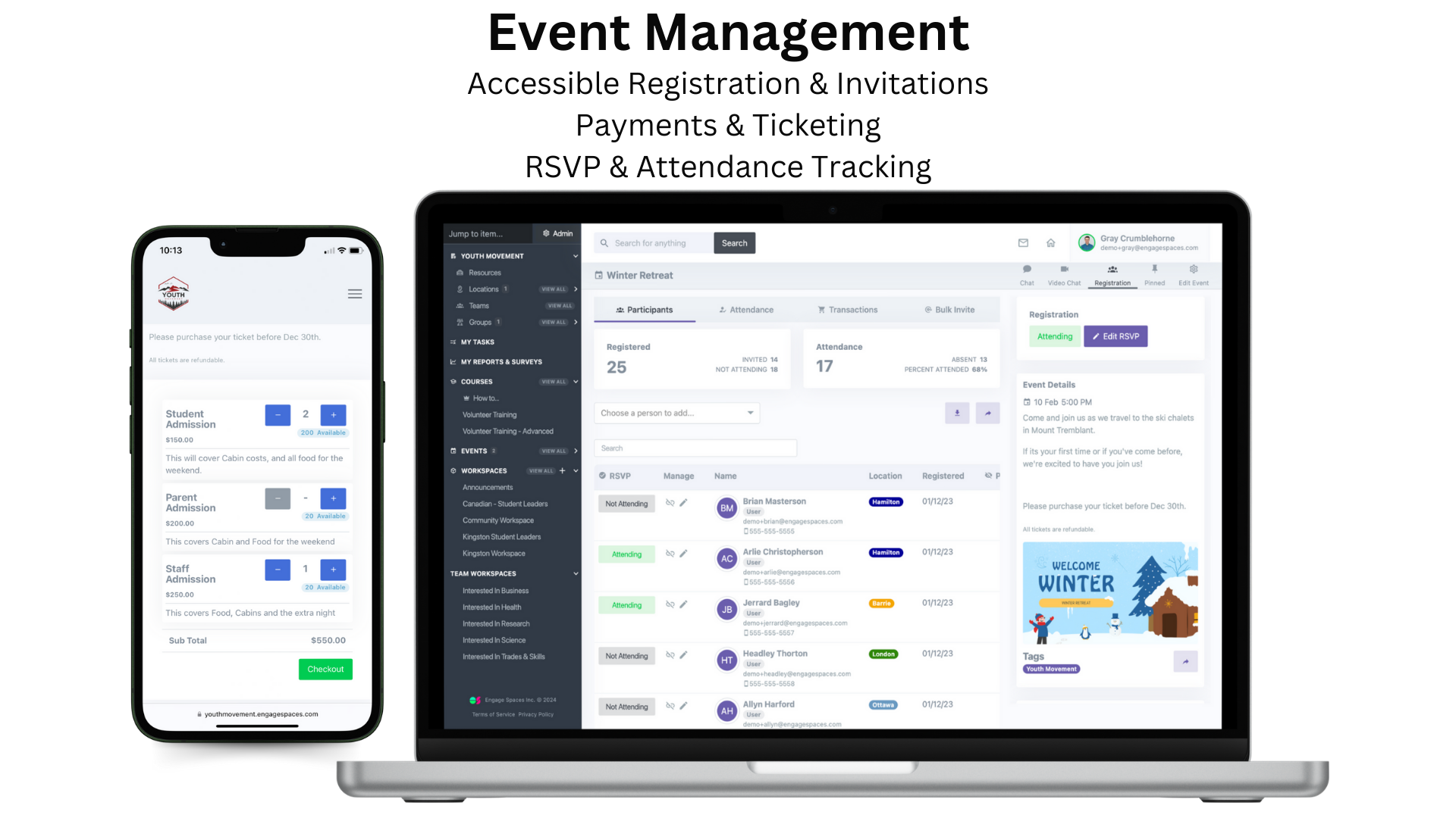 Engage the general public and your organization through your custom events. Control each events' price, ticket quantity, and availability. Share events across locations and grant certain Users access to coordinating and tracking custom events.