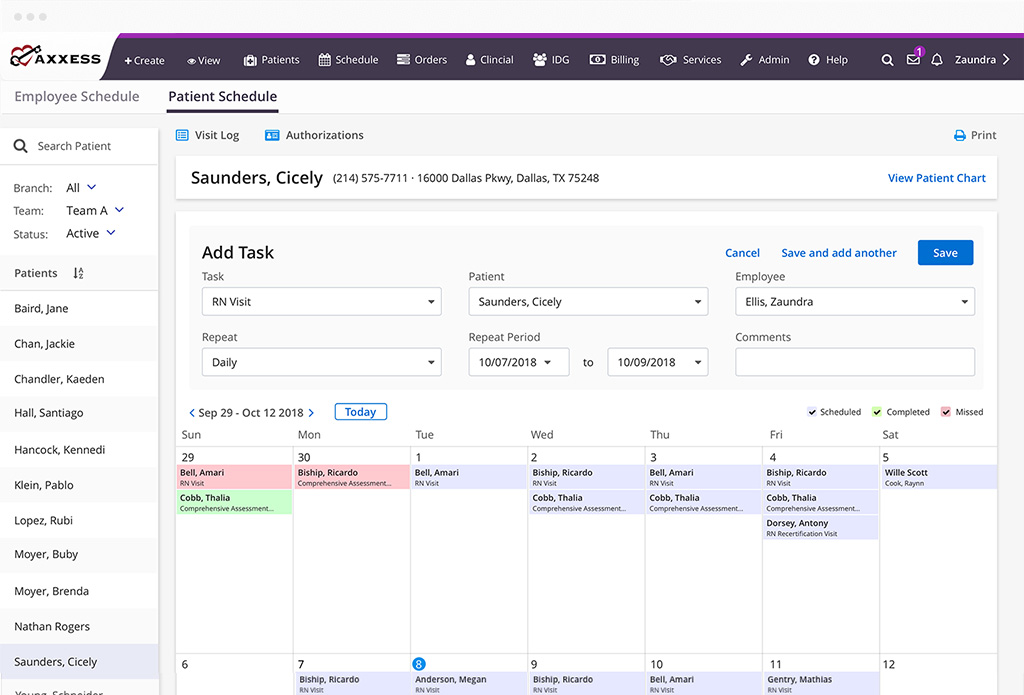 From the calendar, users can view their schedule in 7-day, 14-day, or monthly format