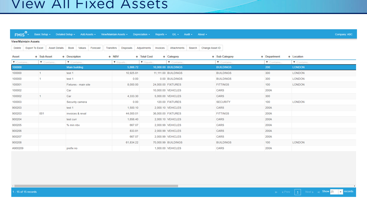 FMIS Fixed Asset Management Software - View All Fixed Assets