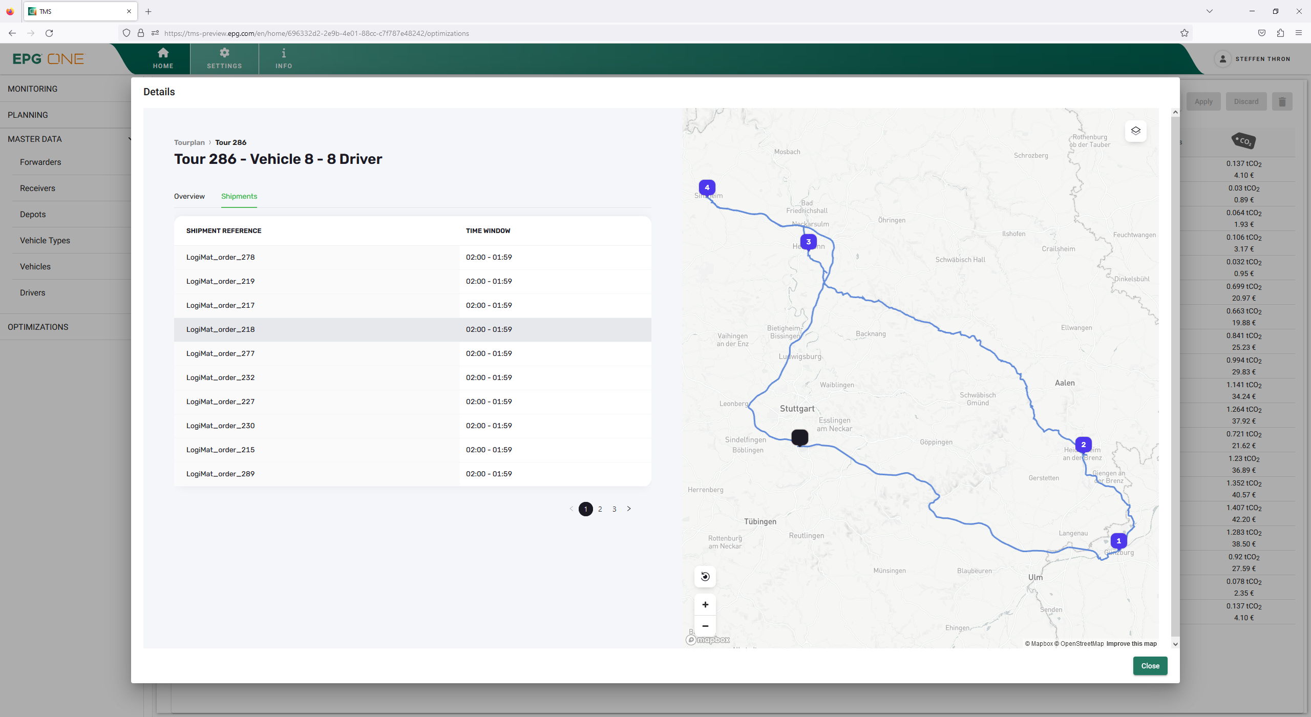 EPG TMS Software - This screen provides the same tour details as the previous one, but it also shows which packages have been planned with specific time restrictions.