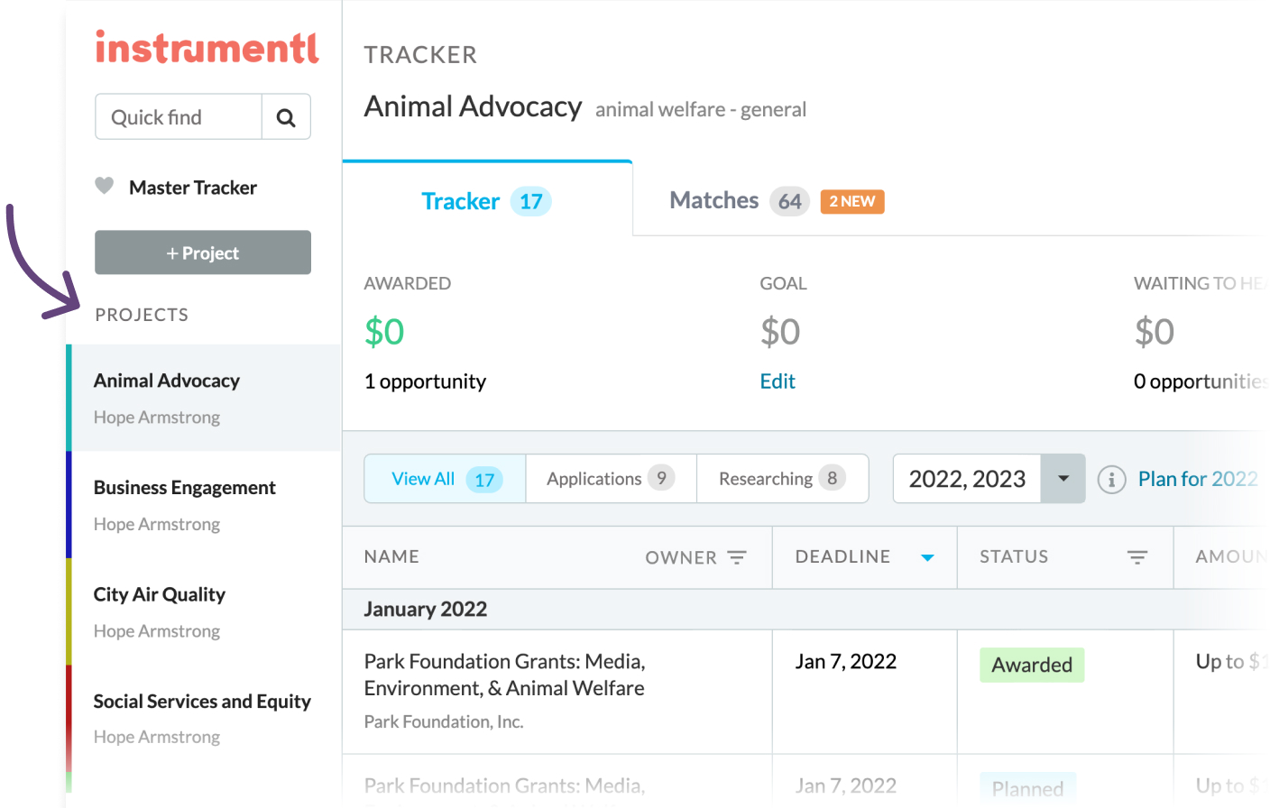 Instrumentl screenshot: A project is like a "workspace" with two components: a saved search & your saved grants. Projects typically map to ongoing program areas at an organization. Each week, you'll get an email with new matching opportunities for your projects.