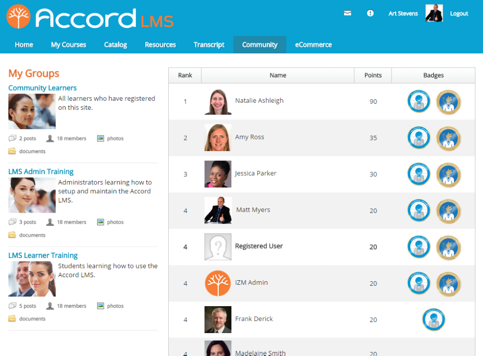 Accord LMS Software - Accord LMS engages learners with built-in learning communities and gamification features.  Leader boards show earned badges and activity points in team and organizational views