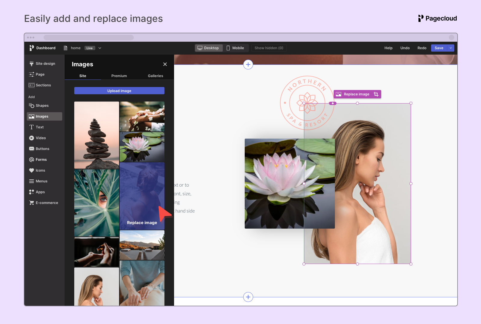 PageCloud screenshot: Easily add and replace images on your site. Drag and drop images from your desktop onto your page to add them.