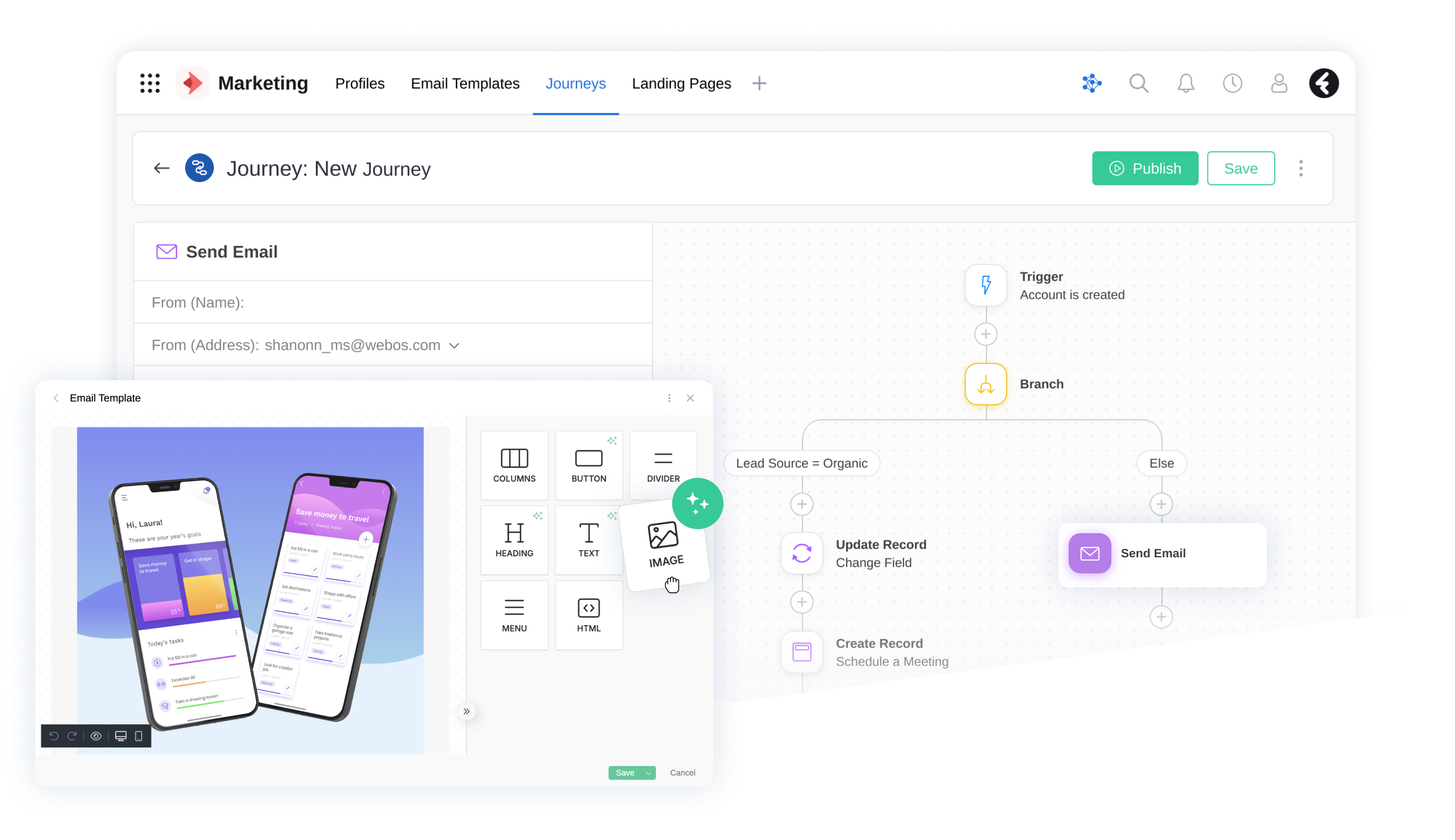 Fireberry screenshot: Fireberry Marketing product will help you attract and engage with customers at every touchpoint and milestone with built-in email templates, generative AI, customer journey, pages and forms.