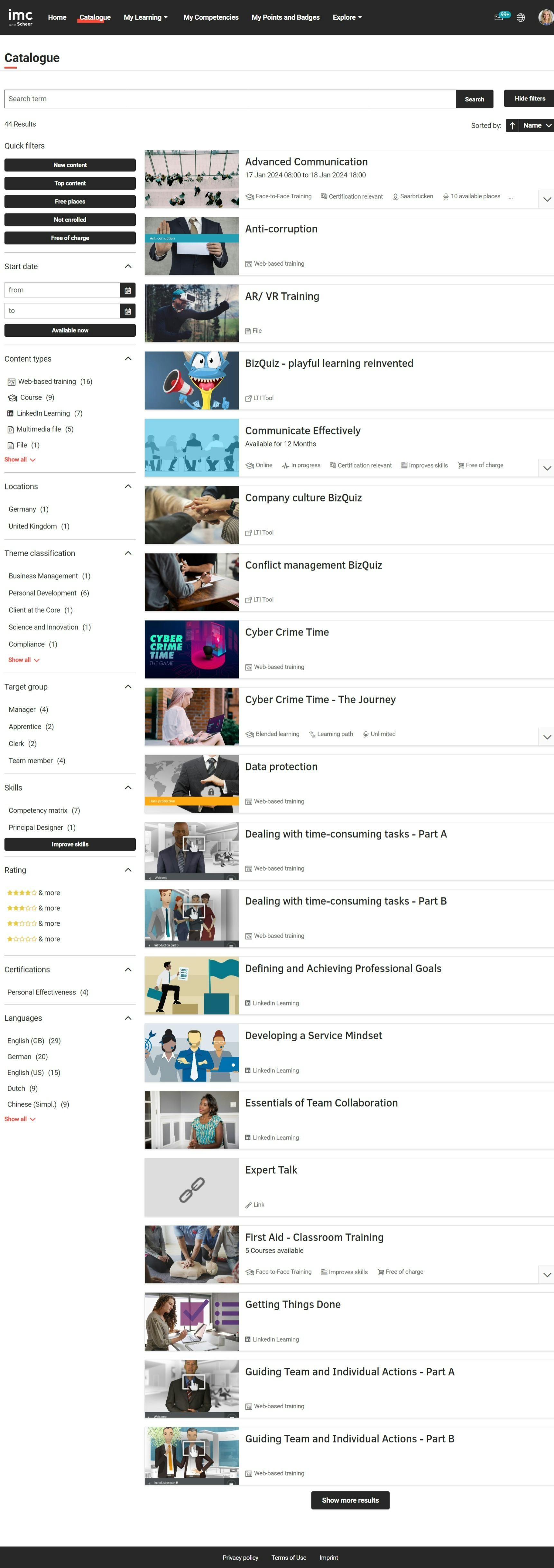 imc Learning Suite Software - The Catalogue shows all available courses and can be searched and filtered intuitively