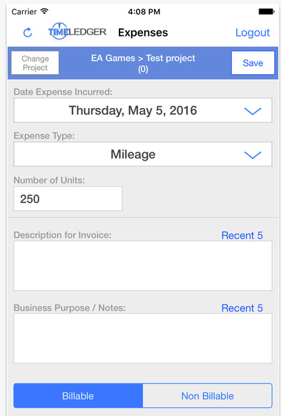 TimeLedger screenshot: Make time and expense entries directly from mobile